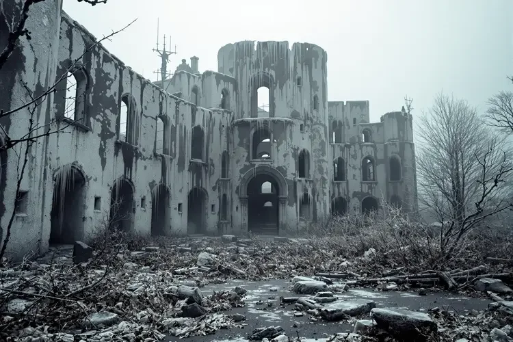 落满灰尘与蛛网的废弃电影片场，复古侦探剪报风格